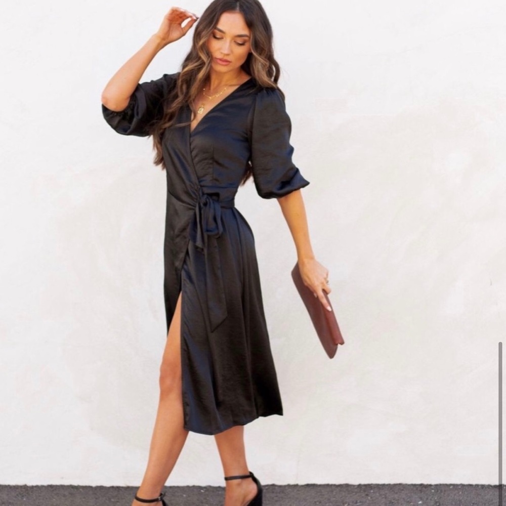 Black Satin Midi Wrap Dress
